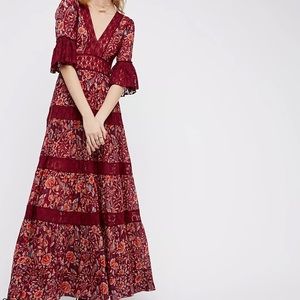 Free People Dulce Maria Floral Maroon Lace Maxi Dress